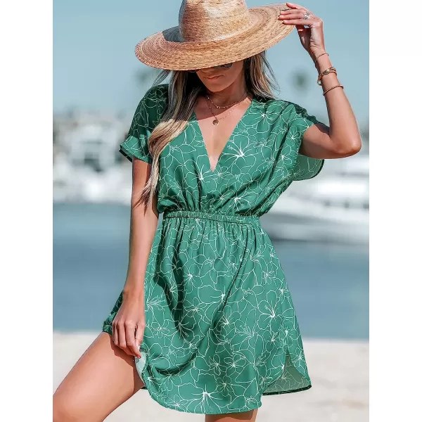 imageCUPSHE Womens V Neck Shadow Striped Elastic Waist Cover Up Dress Short Sleeve Beach Mini DressGreen01