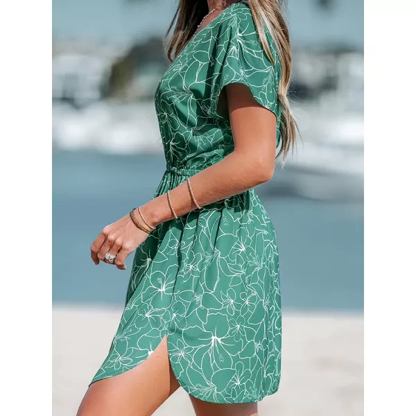 imageCUPSHE Womens V Neck Shadow Striped Elastic Waist Cover Up Dress Short Sleeve Beach Mini DressGreen01