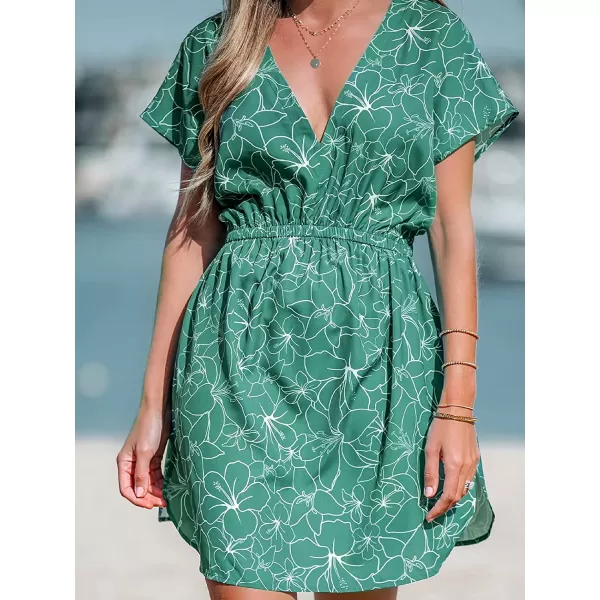 imageCUPSHE Womens V Neck Shadow Striped Elastic Waist Cover Up Dress Short Sleeve Beach Mini DressGreen01