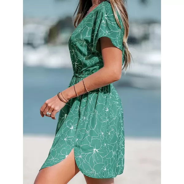 imageCUPSHE Womens V Neck Shadow Striped Elastic Waist Cover Up Dress Short Sleeve Beach Mini DressGreen01