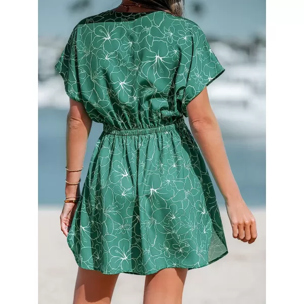 imageCUPSHE Womens V Neck Shadow Striped Elastic Waist Cover Up Dress Short Sleeve Beach Mini DressGreen01