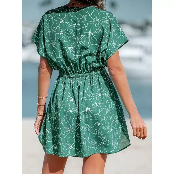imageCUPSHE Womens V Neck Shadow Striped Elastic Waist Cover Up Dress Short Sleeve Beach Mini DressGreen01