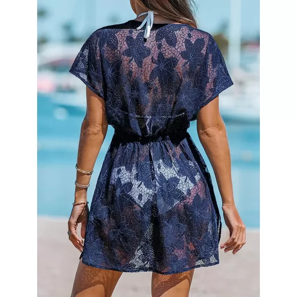 imageCUPSHE Womens V Neck Shadow Striped Elastic Waist Cover Up Dress Short Sleeve Beach Mini DressNavy Blue