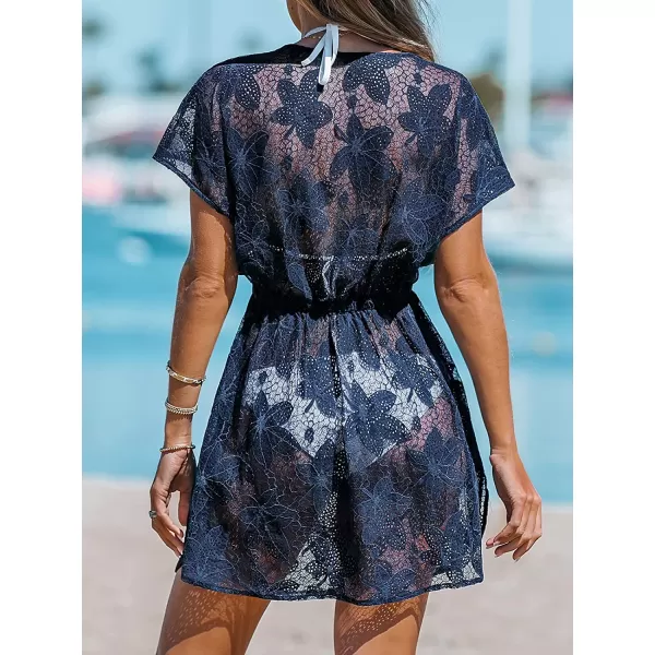 imageCUPSHE Womens V Neck Shadow Striped Elastic Waist Cover Up Dress Short Sleeve Beach Mini DressNavy Blue