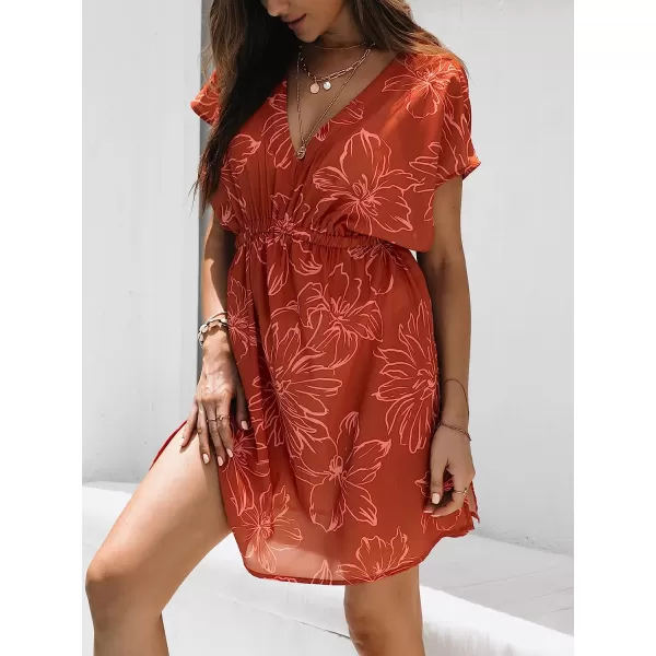 imageCUPSHE Womens V Neck Shadow Striped Elastic Waist Cover Up Dress Short Sleeve Beach Mini DressOrange