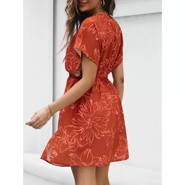 imageCUPSHE Womens V Neck Shadow Striped Elastic Waist Cover Up Dress Short Sleeve Beach Mini DressOrange