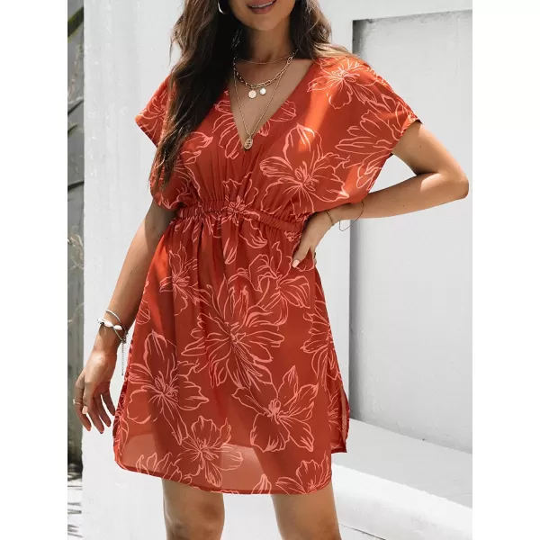 imageCUPSHE Womens V Neck Shadow Striped Elastic Waist Cover Up Dress Short Sleeve Beach Mini DressOrange