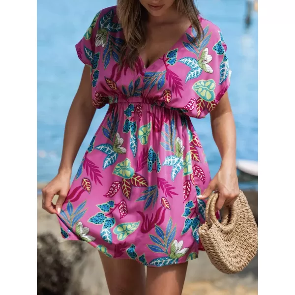 imageCUPSHE Womens V Neck Shadow Striped Elastic Waist Cover Up Dress Short Sleeve Beach Mini DressRose Red Floral