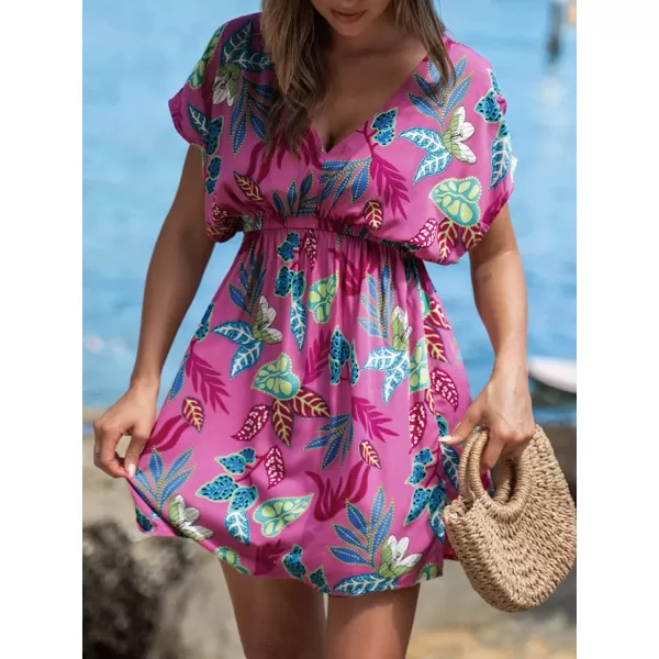 imageCUPSHE Womens V Neck Shadow Striped Elastic Waist Cover Up Dress Short Sleeve Beach Mini DressRose Red Floral