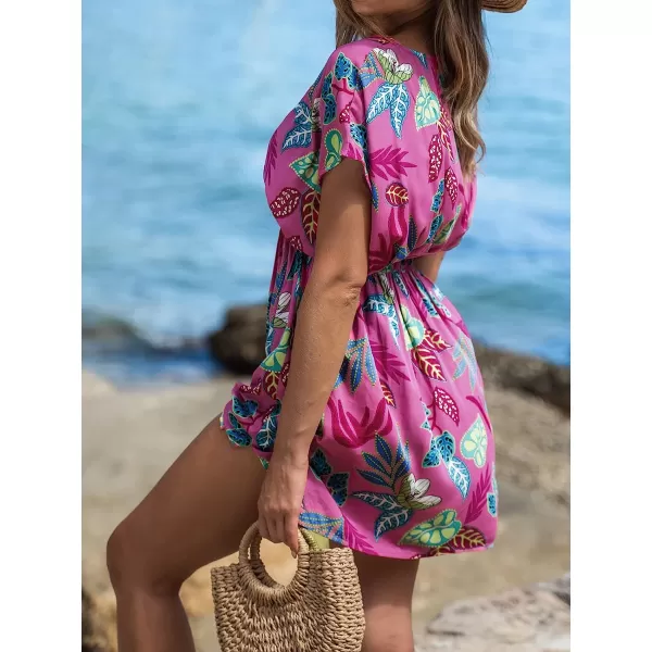 imageCUPSHE Womens V Neck Shadow Striped Elastic Waist Cover Up Dress Short Sleeve Beach Mini DressRose Red Floral