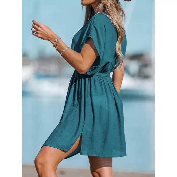 imageCUPSHE Womens V Neck Shadow Striped Elastic Waist Cover Up Dress Short Sleeve Beach Mini DressTurquoise