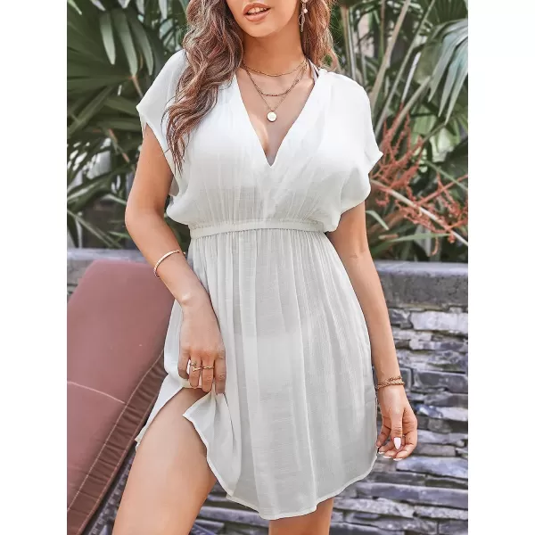 imageCUPSHE Womens V Neck Shadow Striped Elastic Waist Cover Up Dress Short Sleeve Beach Mini DressWhite