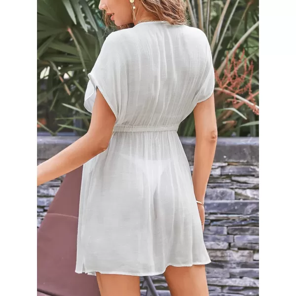 imageCUPSHE Womens V Neck Shadow Striped Elastic Waist Cover Up Dress Short Sleeve Beach Mini DressWhite
