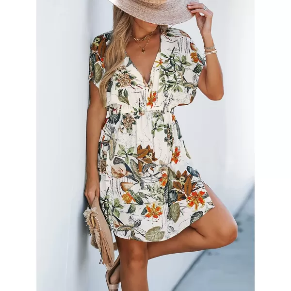 imageCUPSHE Womens V Neck Shadow Striped Elastic Waist Cover Up Dress Short Sleeve Beach Mini DressWhite Floral