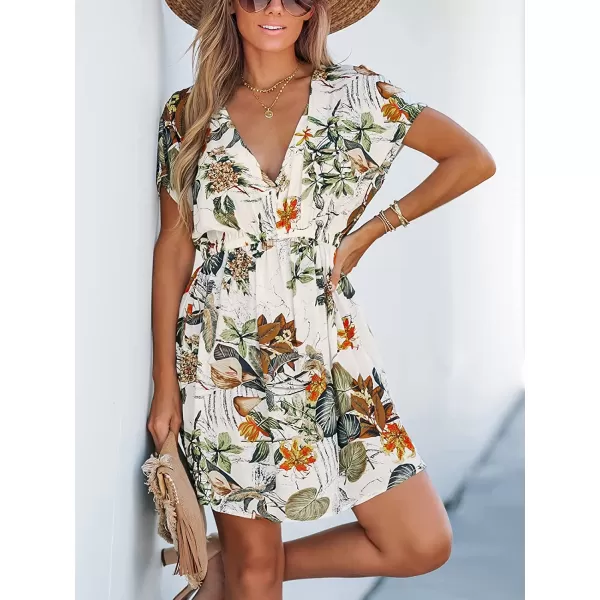 imageCUPSHE Womens V Neck Shadow Striped Elastic Waist Cover Up Dress Short Sleeve Beach Mini DressWhite Floral