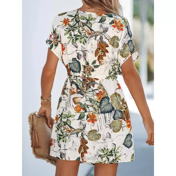 imageCUPSHE Womens V Neck Shadow Striped Elastic Waist Cover Up Dress Short Sleeve Beach Mini DressWhite Floral