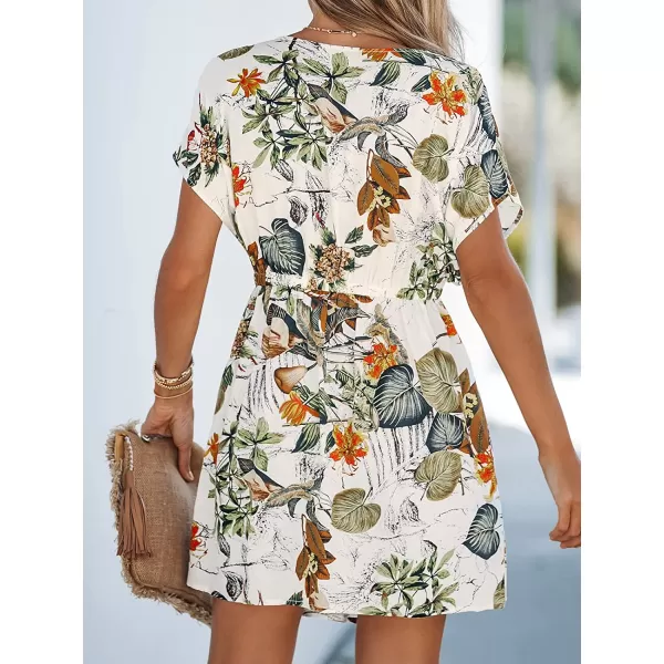 imageCUPSHE Womens V Neck Shadow Striped Elastic Waist Cover Up Dress Short Sleeve Beach Mini DressWhite Floral