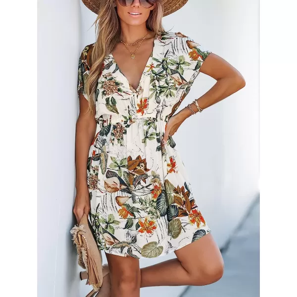 imageCUPSHE Womens V Neck Shadow Striped Elastic Waist Cover Up Dress Short Sleeve Beach Mini DressWhite Floral