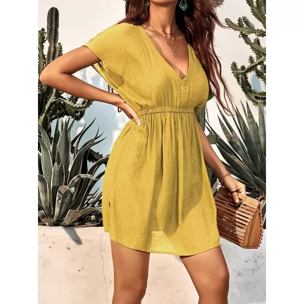imageCUPSHE Womens V Neck Shadow Striped Elastic Waist Cover Up Dress Short Sleeve Beach Mini DressYellow
