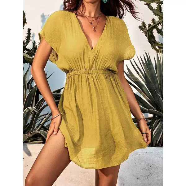 imageCUPSHE Womens V Neck Shadow Striped Elastic Waist Cover Up Dress Short Sleeve Beach Mini DressYellow
