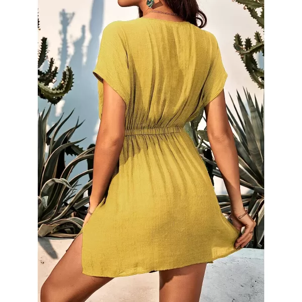 imageCUPSHE Womens V Neck Shadow Striped Elastic Waist Cover Up Dress Short Sleeve Beach Mini DressYellow