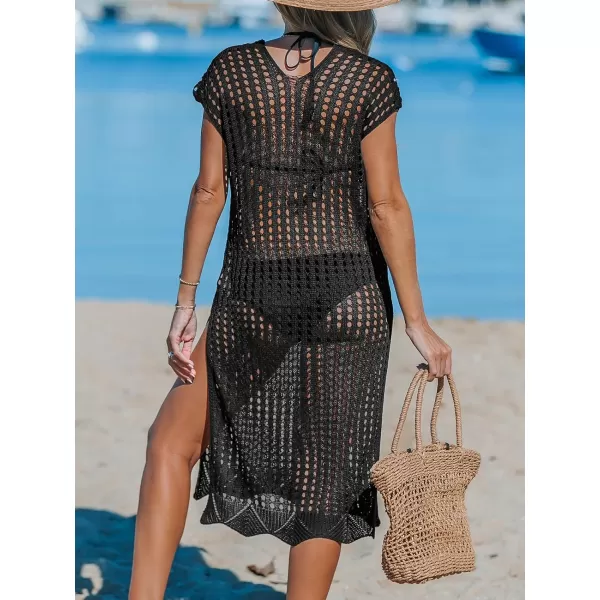 imageCUPSHE Womens V Neck Sheer Crochet Loose Cover Up Dress Short Sleeve Side Slit Beach Mini DressBlack