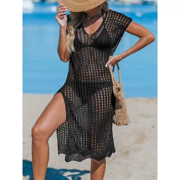 imageCUPSHE Womens V Neck Sheer Crochet Loose Cover Up Dress Short Sleeve Side Slit Beach Mini DressBlack