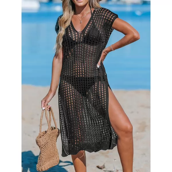 imageCUPSHE Womens V Neck Sheer Crochet Loose Cover Up Dress Short Sleeve Side Slit Beach Mini DressBlack