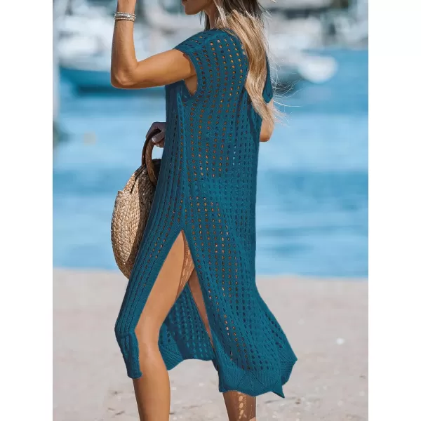 imageCUPSHE Womens V Neck Sheer Crochet Loose Cover Up Dress Short Sleeve Side Slit Beach Mini DressBlue