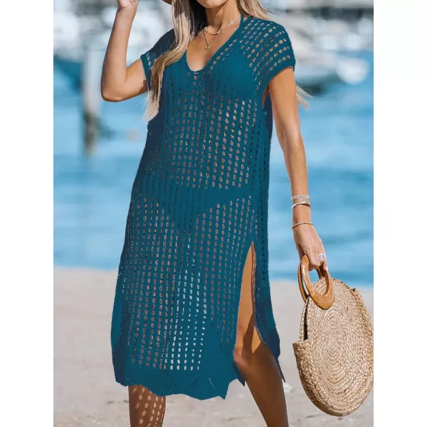 imageCUPSHE Womens V Neck Sheer Crochet Loose Cover Up Dress Short Sleeve Side Slit Beach Mini DressBlue