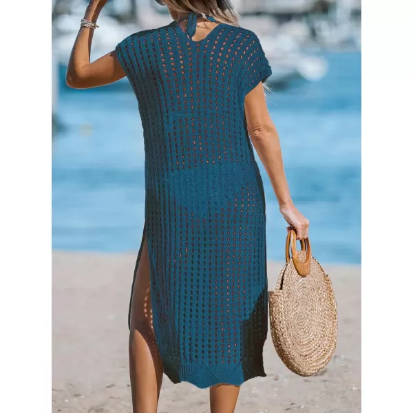 imageCUPSHE Womens V Neck Sheer Crochet Loose Cover Up Dress Short Sleeve Side Slit Beach Mini DressBlue