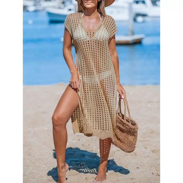 imageCUPSHE Womens V Neck Sheer Crochet Loose Cover Up Dress Short Sleeve Side Slit Beach Mini DressBrown