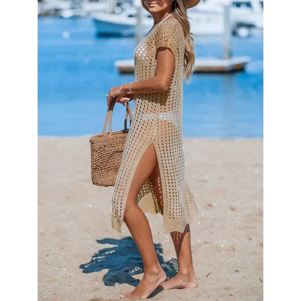 imageCUPSHE Womens V Neck Sheer Crochet Loose Cover Up Dress Short Sleeve Side Slit Beach Mini DressBrown
