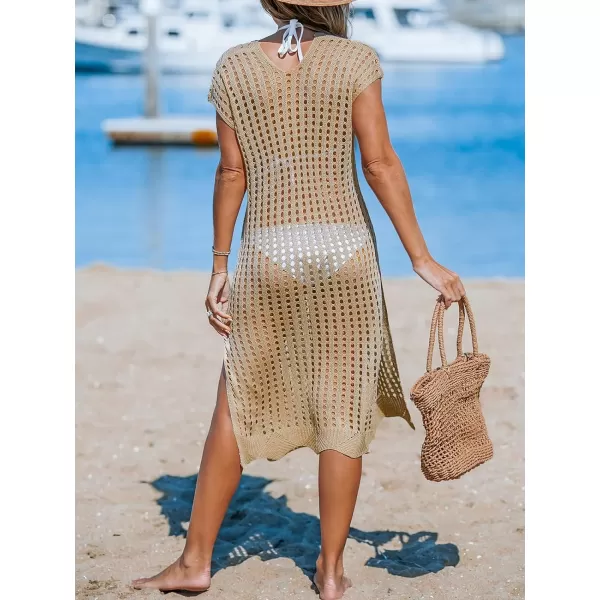 imageCUPSHE Womens V Neck Sheer Crochet Loose Cover Up Dress Short Sleeve Side Slit Beach Mini DressBrown