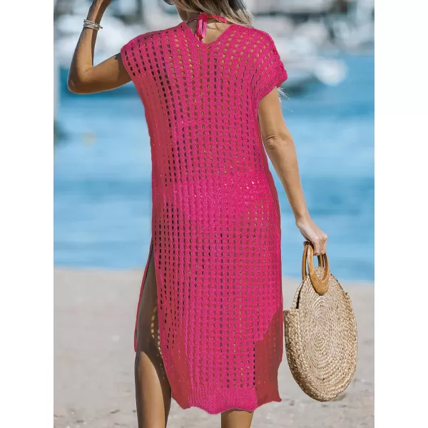 imageCUPSHE Womens V Neck Sheer Crochet Loose Cover Up Dress Short Sleeve Side Slit Beach Mini DressRose Red