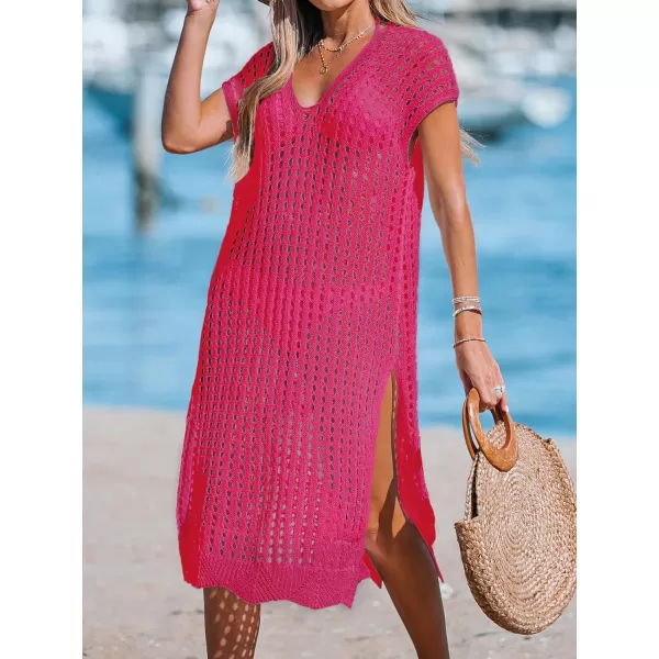 imageCUPSHE Womens V Neck Sheer Crochet Loose Cover Up Dress Short Sleeve Side Slit Beach Mini DressRose Red