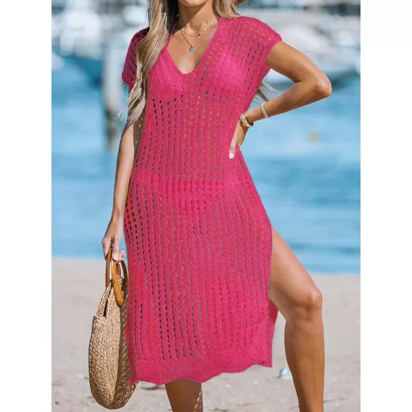 imageCUPSHE Womens V Neck Sheer Crochet Loose Cover Up Dress Short Sleeve Side Slit Beach Mini DressRose Red