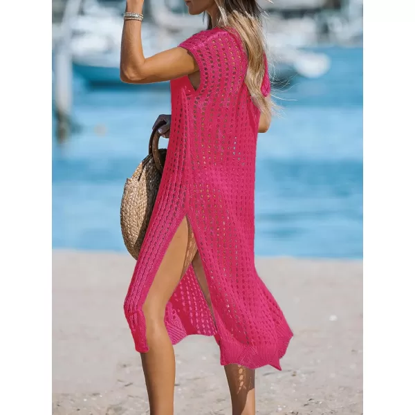 imageCUPSHE Womens V Neck Sheer Crochet Loose Cover Up Dress Short Sleeve Side Slit Beach Mini DressRose Red