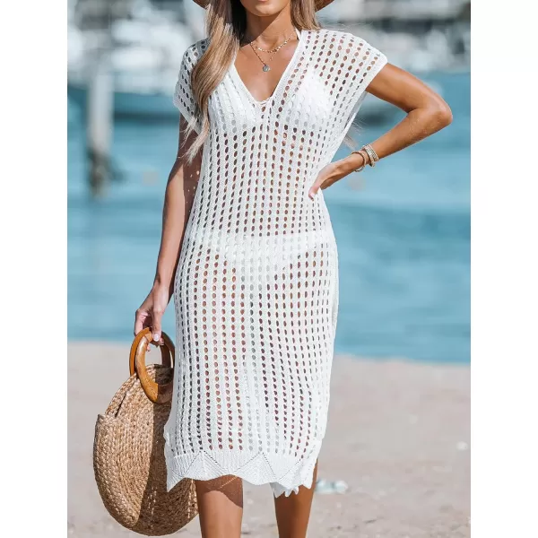 imageCUPSHE Womens V Neck Sheer Crochet Loose Cover Up Dress Short Sleeve Side Slit Beach Mini DressWhite