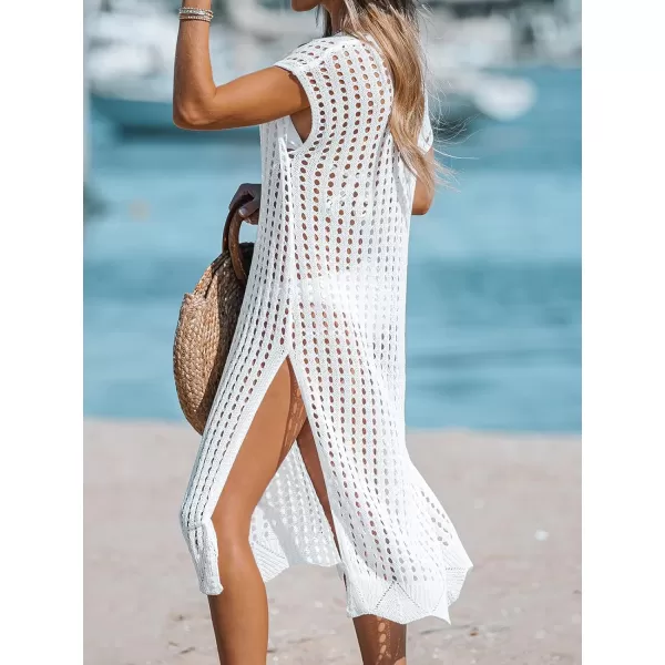 imageCUPSHE Womens V Neck Sheer Crochet Loose Cover Up Dress Short Sleeve Side Slit Beach Mini DressWhite