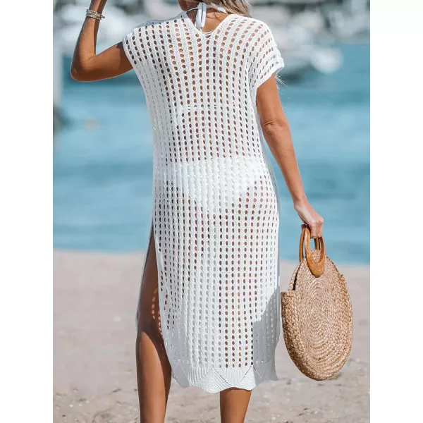 imageCUPSHE Womens V Neck Sheer Crochet Loose Cover Up Dress Short Sleeve Side Slit Beach Mini DressWhite