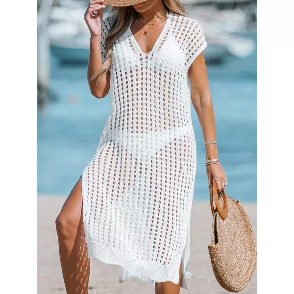 imageCUPSHE Womens V Neck Sheer Crochet Loose Cover Up Dress Short Sleeve Side Slit Beach Mini DressWhite