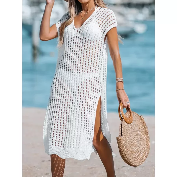 imageCUPSHE Womens V Neck Sheer Crochet Loose Cover Up Dress Short Sleeve Side Slit Beach Mini DressWhite