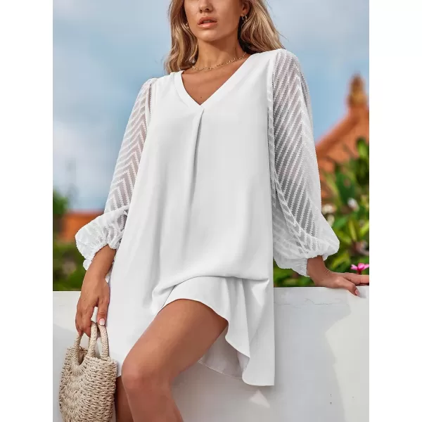 imageCUPSHE Womens V Neck Sheer Long Sleeve Loose Fit A Line Mini Dress WhiteWhite