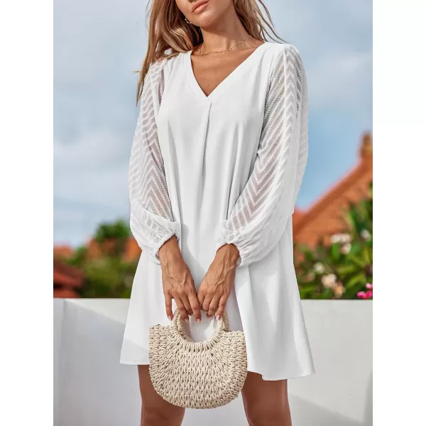 imageCUPSHE Womens V Neck Sheer Long Sleeve Loose Fit A Line Mini Dress WhiteWhite