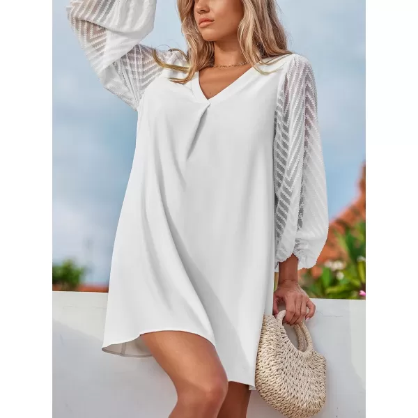 imageCUPSHE Womens V Neck Sheer Long Sleeve Loose Fit A Line Mini Dress WhiteWhite