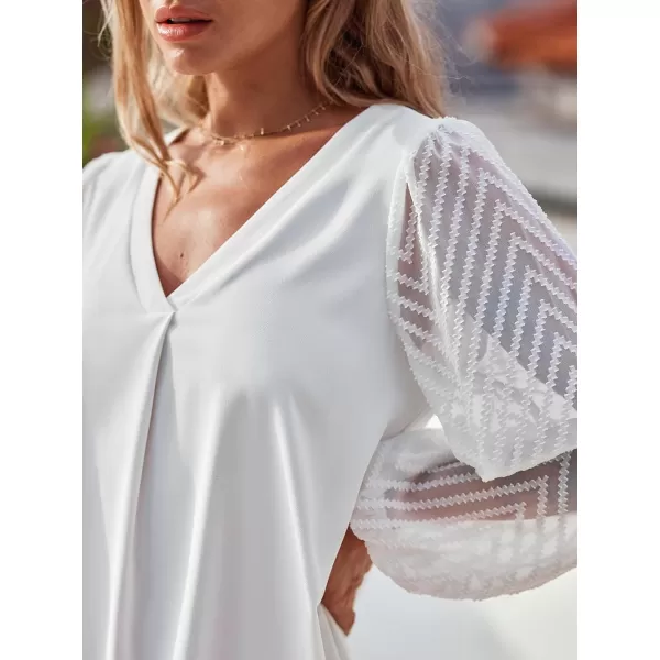 imageCUPSHE Womens V Neck Sheer Long Sleeve Loose Fit A Line Mini Dress WhiteWhite