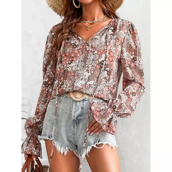 imageCUPSHE Womens V Neck Shirts Casual Blouse Long Trumpet Sleeves Tops with Floral PrintFloral Print