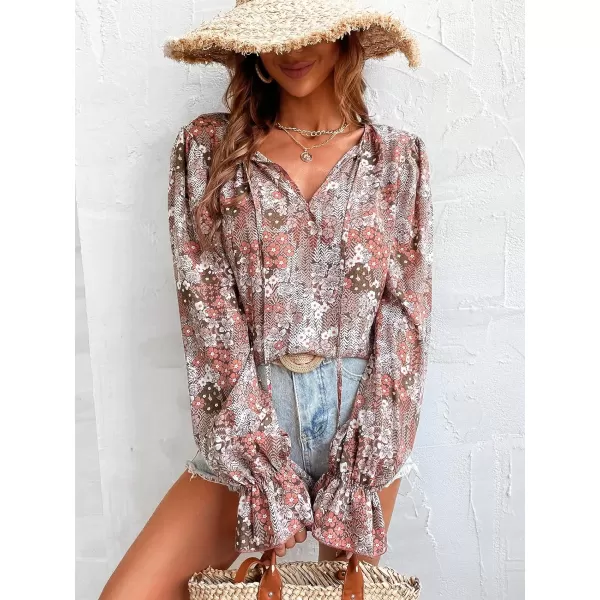imageCUPSHE Womens V Neck Shirts Casual Blouse Long Trumpet Sleeves Tops with Floral PrintFloral Print