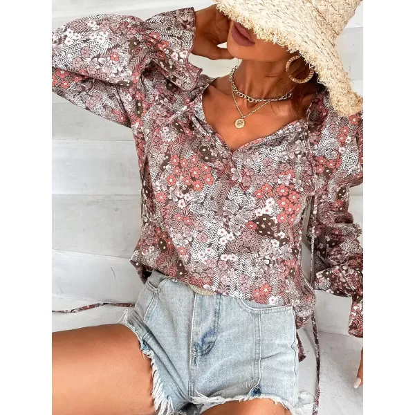 imageCUPSHE Womens V Neck Shirts Casual Blouse Long Trumpet Sleeves Tops with Floral PrintFloral Print
